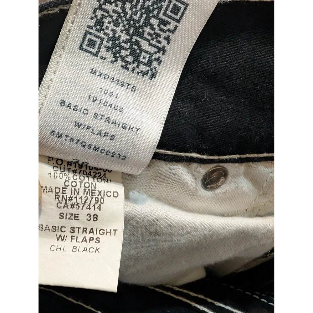 True Religion Basic Straight Black Jeans White Contrast Stitch Flap Pocket 38